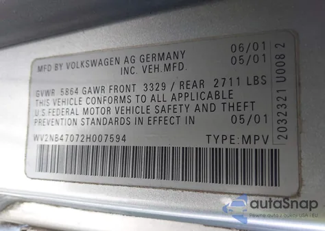 2002 Volkswagen Eurovan Mv z USA, uszkodzony, nr VIN WV2NB47072H007594